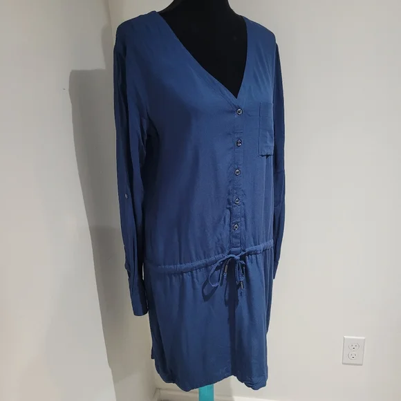 Lole Women's Rayon Long Sleeve Button-Up Belted Tunic Dress Medium Blue Casual - Picture 2 of 9